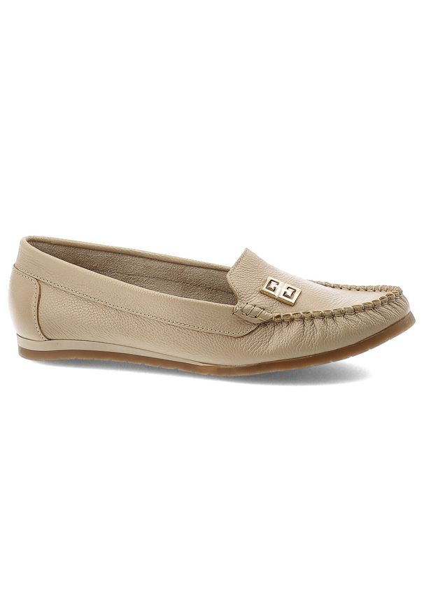 Mokasyny damskie Armodo, cholewka ze skóry naturalnej konstrukcja z dekoracyjną aplikacją miękka forma niska elastyczna podeszwa zapewniająca komfort. Okazja: na co dzień. Kolor: beżowy. Materiał: skóra. Szerokość cholewki: normalna. Wzór: aplikacja. Styl: casual, elegancki, klasyczny