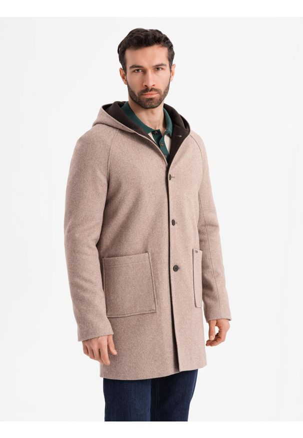 Ombre Clothing - Melanżowy długi męski płaszcz z kapturem – beżowy V2 - Rozmiar: XXL. Typ kołnierza: kaptur. Kolor: beżowy. Materiał: tkanina, wełna, poliester, materiał, syntetyk, włókno, nylon. Długość: długie. Wzór: melanż. Sezon: zima. Styl: elegancki
