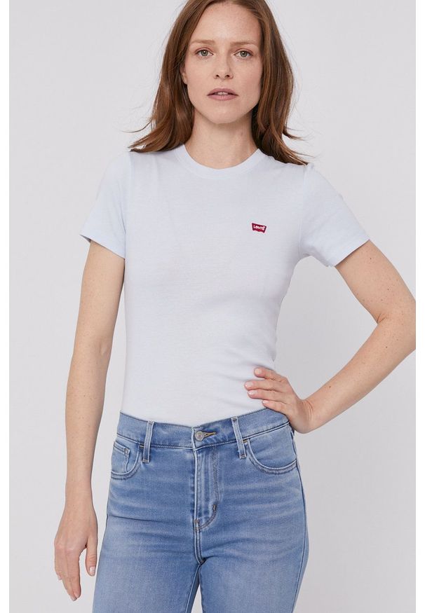 Levi's® - Levi's T-shirt damski. Okazja: na spotkanie biznesowe. Kolor: niebieski. Materiał: dzianina. Wzór: aplikacja, gładki. Styl: biznesowy