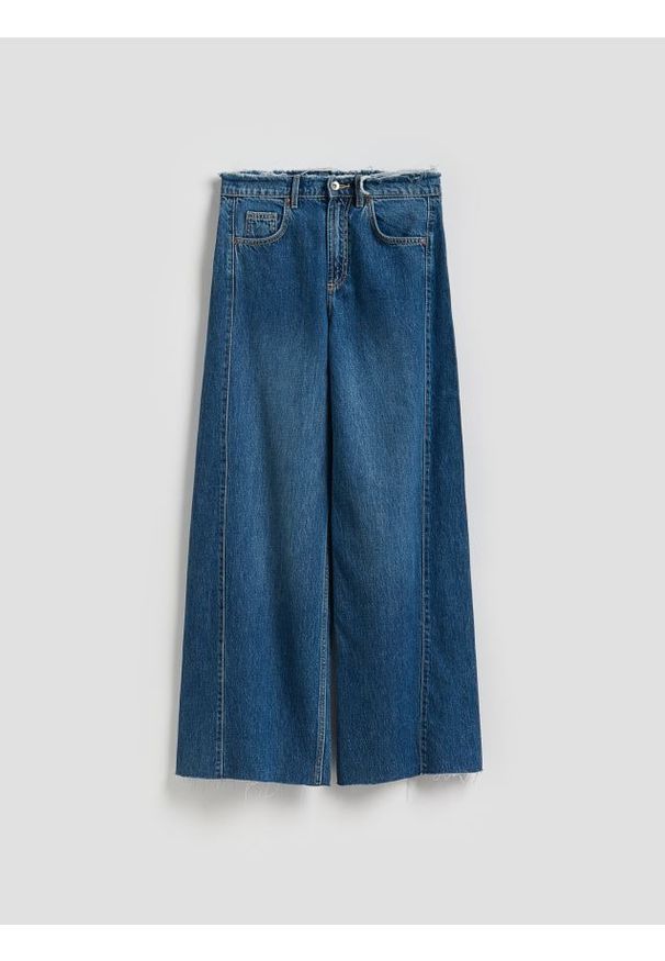 Reserved - Jeansy wide leg z rozdarciami - niebieski. Kolor: niebieski