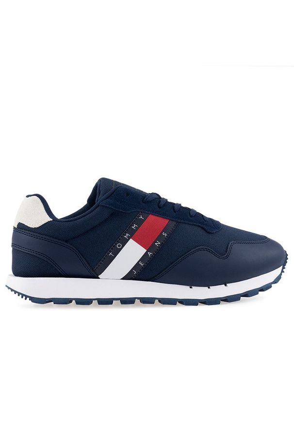 Buty Tommy Jeans Retro Runner EM0EM01081-C87 - granatowe. Okazja: na co dzień. Zapięcie: sznurówki. Kolor: niebieski. Materiał: skóra, poliester, materiał. Szerokość cholewki: normalna. Wzór: aplikacja