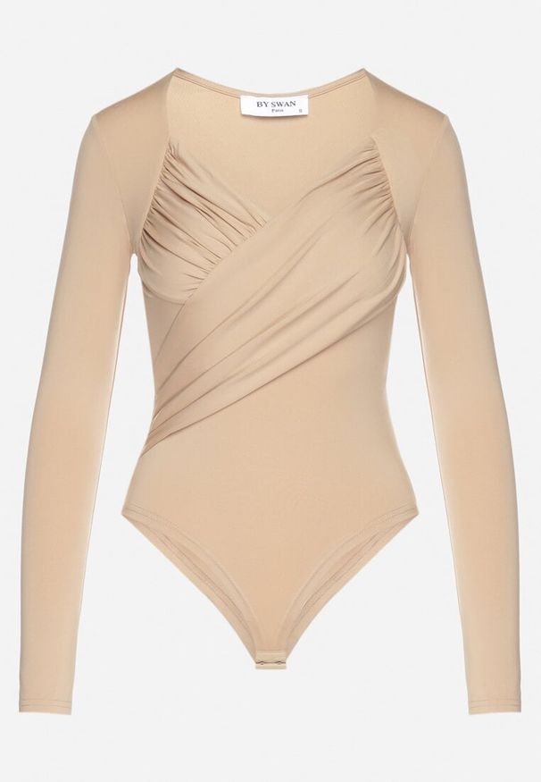 Born2be - Beżowe Body Eleganckie z Marszczeniem Ziellea. Okazja: na co dzień. Kolor: beżowy. Materiał: jeans. Długość rękawa: długi rękaw. Długość: długie. Styl: elegancki
