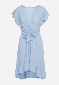Born2be - Jasnoniebieska Kopertowa Sukienka z Asymetrycznym Dołem Ozdobiona Falbanką z Paskiem w Talii Snidia. Okazja: na spacer, na co dzień. Kolor: niebieski. Wzór: aplikacja. Sezon: lato. Typ sukienki: kopertowe, asymetryczne. Styl: casual, elegancki, klasyczny #4