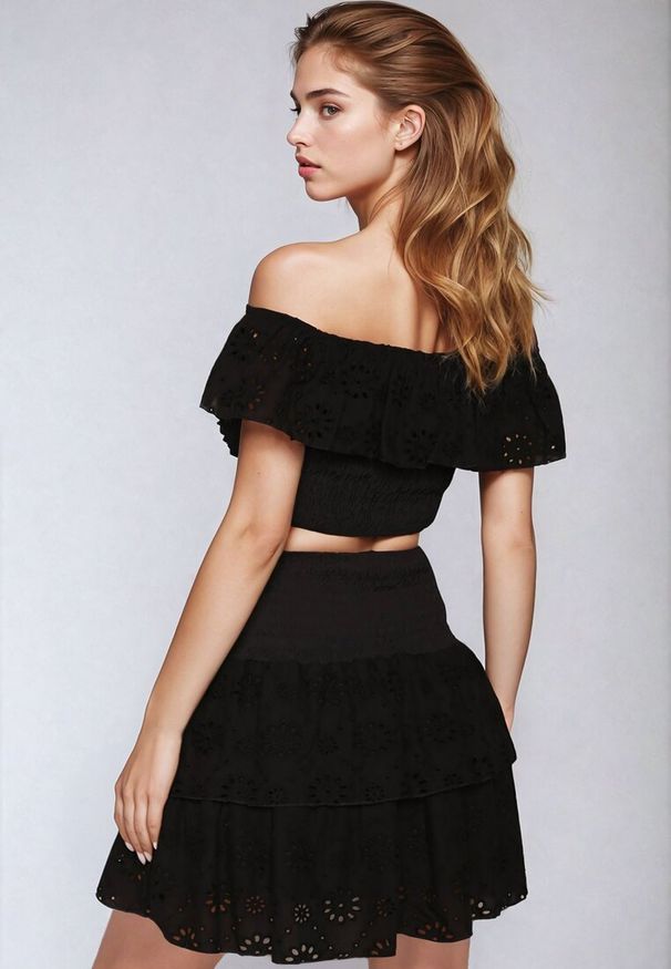 Born2be - Czarny 2-Częściowy Komplet Bawełniany Ażurowy Top w Stylu Hiszpanki Spódnica z Gumką Lavima. Kolor: czarny. Materiał: bawełna. Wzór: ażurowy