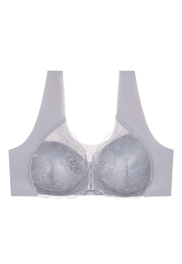 Intica - Biustonosz push-up z koronką zapinany z przodu Lima. Kolor: szary. Materiał: koronka. Rodzaj stanika: push-up. Wzór: koronka
