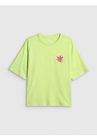 4f - 4F T-shirt boxy z nadrukiem damski - zielony S. Okazja: na co dzień. Kolor: żółty. Materiał: dzianina, bawełna, materiał. Wzór: nadruk. Styl: casual #1