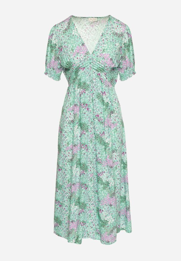 Born2be - Zielona Sukienka Midi z Głębokim Dekoltem i Gumką w Pasie z Wiskozy Arevik. Kolor: zielony. Materiał: wiskoza. Długość: midi