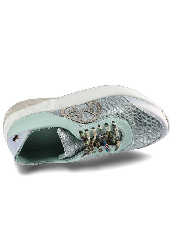 Massimo POLI - Miętowe Sneakersy Massimo Poli Damskie Modne Buty. Kolor: zielony. Materiał: skóra, zamsz. Szerokość cholewki: normalna. Wzór: aplikacja. Obcas: na platformie