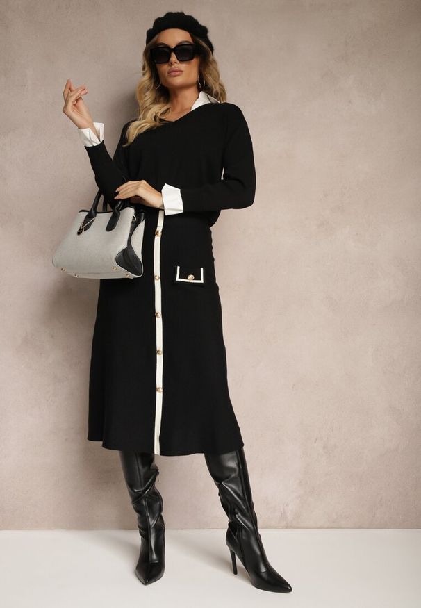 Renee - Czarna Spódnica High Waist z Guzikami Imitacją Kieszeni i Gumką w Pasie Melorana. Okazja: na co dzień. Stan: podwyższony. Kolor: czarny. Materiał: dzianina. Wzór: aplikacja. Sezon: zima. Styl: elegancki, casual