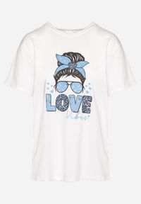Born2be - Biało-Niebieski Bawełniany T-shirt z Nadrukiem z Przodu Sarilla. Kolor: biały. Materiał: bawełna. Wzór: nadruk. Sezon: lato #6