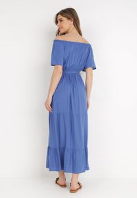 Born2be - Niebieska Sukienka z Wiskozy Telephanassa. Typ kołnierza: dekolt hiszpanka. Kolor: niebieski. Materiał: wiskoza. Długość rękawa: krótki rękaw. Wzór: gładki. Typ sukienki: rozkloszowane. Długość: maxi #4