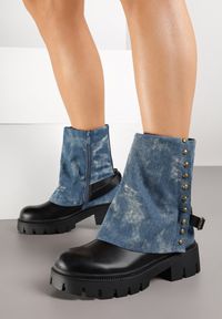 Born2be - Niebieskie Botki z Wywiniętą Cholewką i Klamrą Danelite. Okazja: na co dzień. Zapięcie: klamry. Kolor: niebieski. Materiał: jeans. Szerokość cholewki: normalna. Styl: casual, elegancki #3