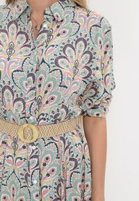 Born2be - Miętowo-Różowa Sukienka z Guzikami i Plecionym Paskiem z Klamrą Aralty. Kolor: miętowy. Długość rękawa: długi rękaw. Sezon: wiosna, lato. Typ sukienki: koszulowe #3