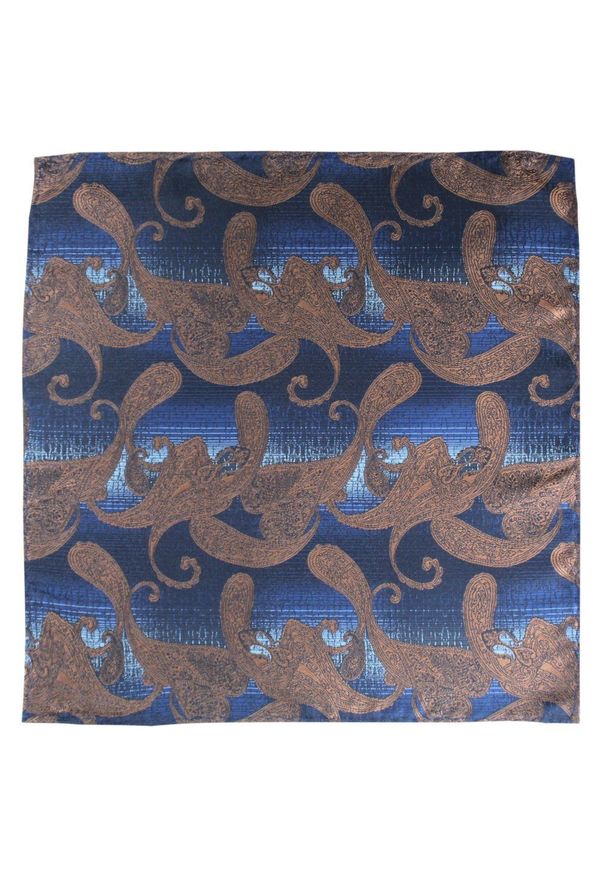 Poszetka Męska, Elegancka - Alties - Beżowe Duże Paisley, Niebieskie Tło. Kolor: brązowy, beżowy, niebieski, wielokolorowy. Materiał: poliester. Wzór: paisley