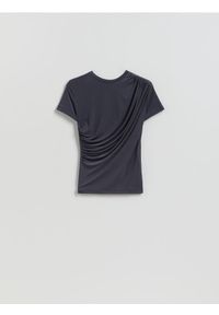 Reserved - T-shirt z ozdobnym marszczeniem - ciemnoszary. Kolor: szary. Materiał: dzianina. Wzór: gładki