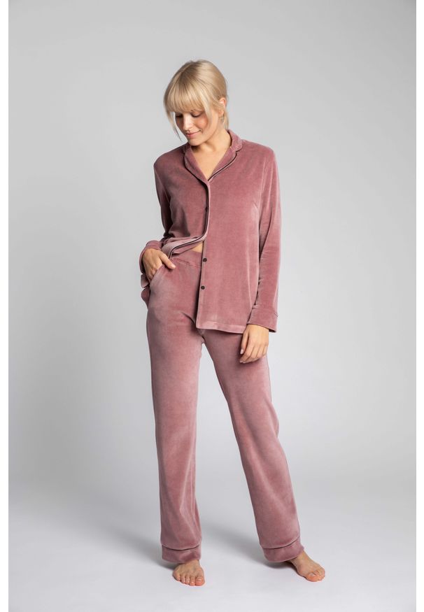 MOE - Welurowe Spodnie od Piżamy z Kontrastowymi Lamówkami - Różowe. Kolor: różowy. Materiał: welur