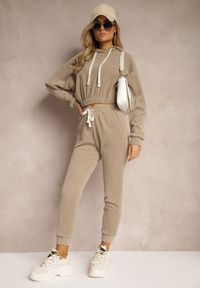 Renee - Ciemnobeżowe Dresowe Spodnie z Dodatkiem Bawełny High Waist z Gumką w Pasie Pesaria. Stan: podwyższony. Kolor: beżowy. Materiał: dresówka, bawełna #5