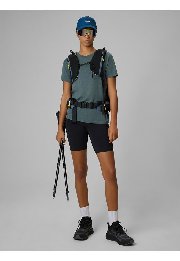 4f - 4F Koszulka trekkingowa z wełną merino damska - khaki M. Kolor: oliwkowy, brązowy, wielokolorowy. Materiał: wełna. Długość rękawa: raglanowy rękaw. Długość: długie. Sezon: lato