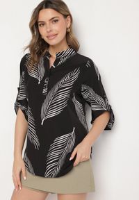 Born2be - Czarna Koszula z Bawełną we Wzór Liści Lumavaie. Okazja: na co dzień. Kolor: czarny. Materiał: bawełna. Styl: elegancki, casual #5