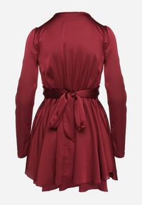 Born2be - Bordowa Satynowa Sukienka Mini z Głębokim Dekoltem i Wiązaniem z Tyłu Liadan. Okazja: na imprezę. Kolor: czerwony. Materiał: satyna. Styl: elegancki. Długość: mini #4