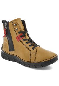 Botki damskie Rieker, za kostkę na platformie z okrągłym noskiem ocieplane i na zamek, żółte, 55024-68. Okazja: na co dzień. Nosek buta: okrągły. Zapięcie: zamek, sznurówki. Kolor: żółty. Szerokość cholewki: normalna. Wysokość cholewki: za kostkę. Materiał: materiał, skóra ekologiczna. Obcas: na platformie. Styl: casual, sportowy #1