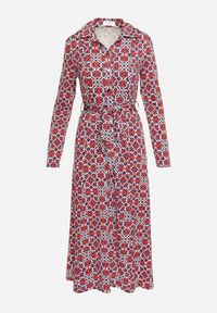 Born2be - Czerwono-Biała Taliowana Sukienka Maxi z Materiałowym Paskiem w Geometryczny Print Filint. Kolor: niebieski. Materiał: materiał. Wzór: nadruk, geometria. Długość: maxi #7