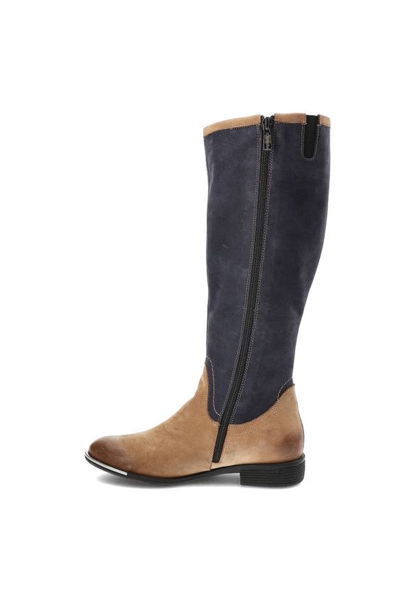 CheBello - Granatowo Brązowe Kozaki Chebello Damskie Stylowe Obuwie. Okazja: na co dzień. Zapięcie: zamek. Kolor: brązowy. Materiał: nubuk. Szerokość cholewki: normalna. Obcas: na obcasie. Styl: elegancki. Wysokość obcasa: niski