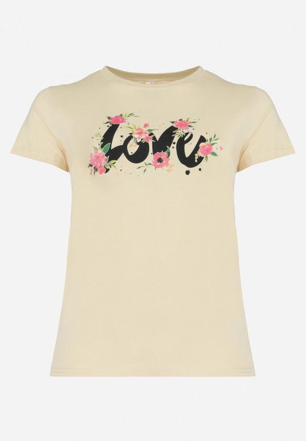 Born2be - Beżowy Bawełniany T-shirt z Krótkim Rękawem i Nadrukiem Naremena. Kolor: beżowy. Materiał: bawełna. Długość rękawa: krótki rękaw. Długość: krótkie. Wzór: nadruk. Sezon: lato, wiosna