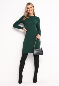 Born2be - Ciemnozielona Sukienka Mini z Prążkowanej Sweterkowej Dzianiny o Dopasowanym Fasonie Paulinma. Kolor: zielony. Materiał: dzianina, prążkowany. Długość rękawa: długi rękaw. Długość: mini #4