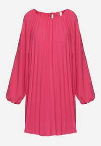 Born2be - Fuksjowa Plisowana Sukienka z Bufiastymi Rękawami Perlase. Okazja: na co dzień. Kolor: różowy. Styl: klasyczny, casual, elegancki #7