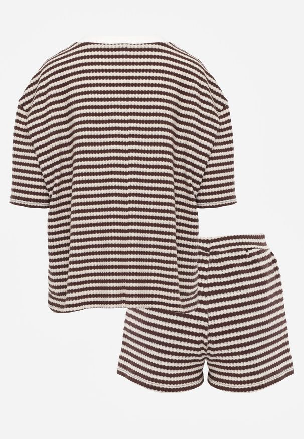 Born2be - Brązowy Komplet Bawełniany z Dzianiny Szorty i T-shirt o Luźnym Kroju w Paski Proseltte. Kolor: brązowy. Materiał: bawełna, dzianina. Wzór: paski