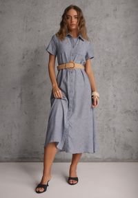 Renee - Niebieska Sukienka o Koszulowym Fasonie z Krótkim Rękawem i Paskiem z Klamrą Sylphusi. Okazja: na randkę. Kolor: niebieski. Materiał: zamsz, materiał. Długość rękawa: krótki rękaw. Typ sukienki: koszulowe. Styl: elegancki #4