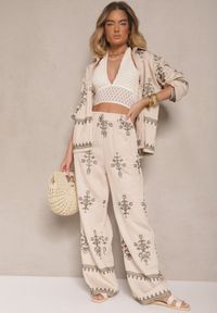 Renee - Beżowy Wiskozowy Komplet Boho Koszula i Spodnie z Haftowanym Zdobieniem Helhiris. Kolor: beżowy. Materiał: wiskoza. Wzór: aplikacja, haft