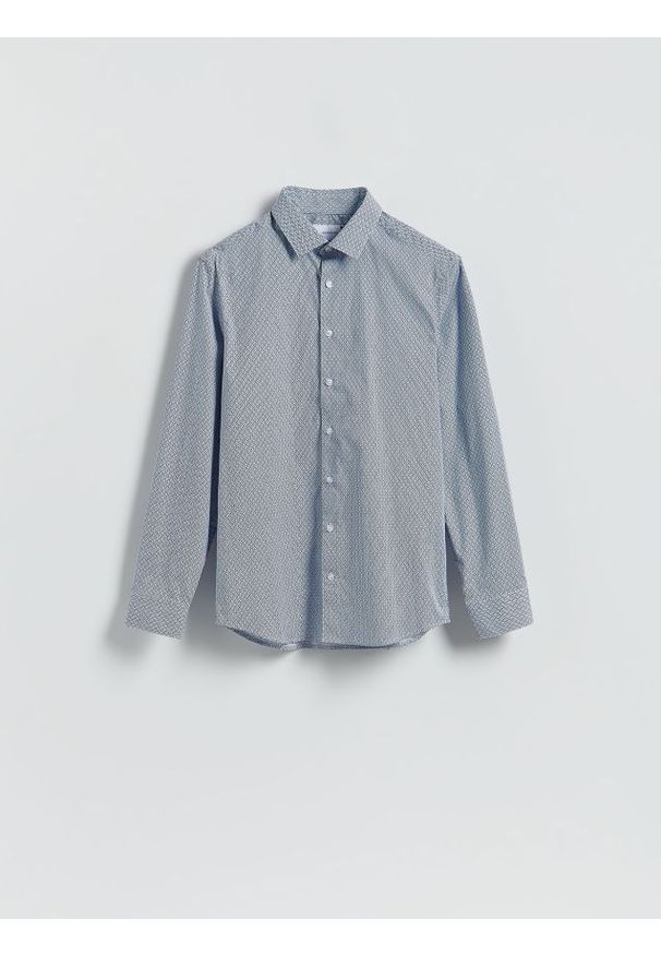 Reserved - Koszula slim fit w drobny wzór - granatowy. Kolor: niebieski. Materiał: tkanina, bawełna
