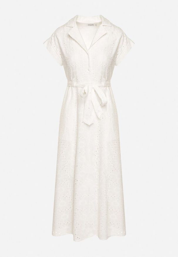 Born2be - Biała Bawełniana Ażurowa Sukienka na Guziki o Koszulowym Kroju Wiązana Paskiem Grosofia. Okazja: na co dzień. Kolor: biały. Materiał: bawełna. Wzór: ażurowy. Sezon: lato. Typ sukienki: koszulowe. Styl: klasyczny, casual, elegancki