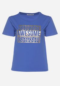 Born2be - Niebieski Bawełniany T-shirt z Ozdobnym Napisem Floerin. Okazja: na co dzień. Kolor: niebieski. Materiał: bawełna. Wzór: napisy. Styl: casual, elegancki #2