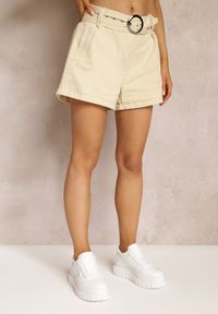 Renee - Beżowe Szorty High Waist z Bawełny Ozdobione Paskiem z Klamrą Dasslina. Stan: podwyższony. Kolor: beżowy. Materiał: bawełna. Wzór: aplikacja #4