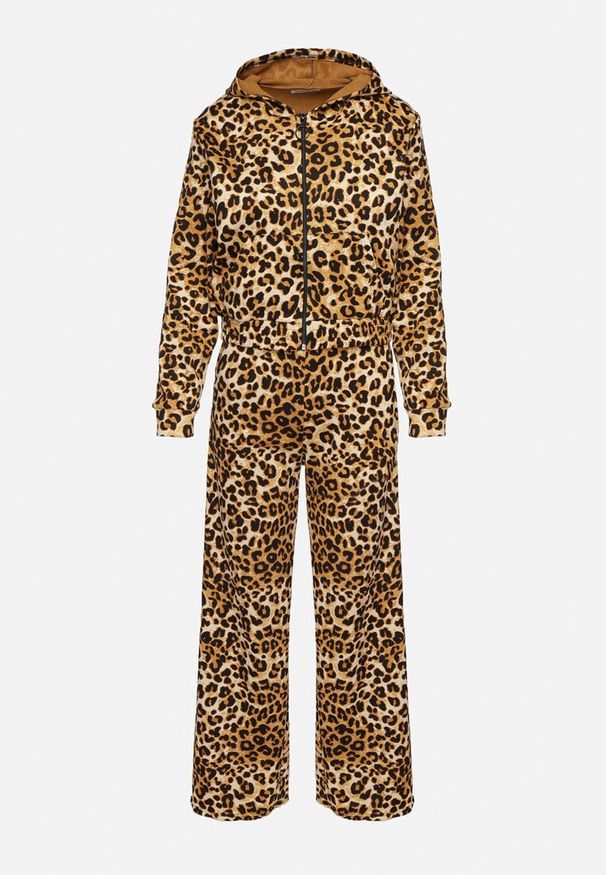 Born2be - Jasnobrązowy Komplet Dresowy w Panterkę Bluza z Kapturem i Szerokie Spodnie Virhiris. Kolor: brązowy. Materiał: dresówka. Wzór: motyw zwierzęcy