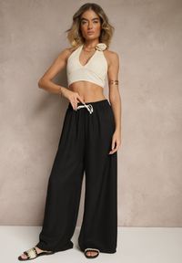 Renee - Czarne Spodnie z Bawełną o Szerokim Kroju High Waist z Wiązaniem Noleldi. Okazja: na co dzień. Stan: podwyższony. Kolor: czarny. Materiał: bawełna. Styl: elegancki, casual #3
