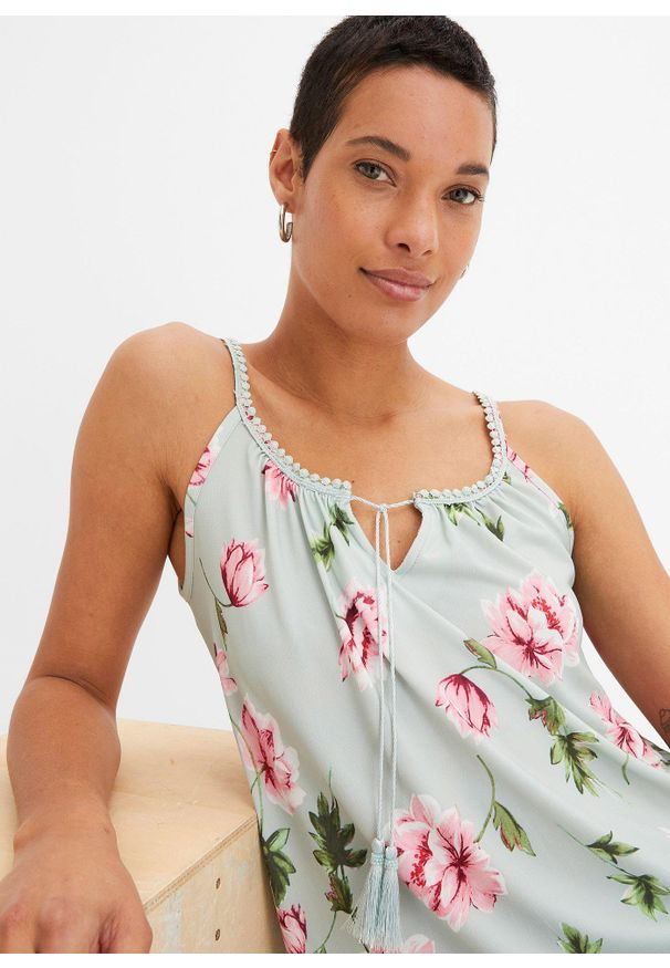 bonprix - Top na cienkich ramiączkach. Kolor: niebieski. Materiał: koronka. Długość rękawa: na ramiączkach. Wzór: aplikacja, koronka, kwiaty