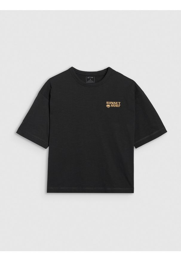 4f - 4F T-shirt oversize z nadrukiem damski - różowy S. Okazja: na co dzień. Kolor: czarny. Materiał: jersey, tkanina, dzianina, bawełna, materiał. Długość rękawa: krótki rękaw. Długość: krótkie. Wzór: nadruk. Sezon: lato. Styl: sportowy, klasyczny, casual