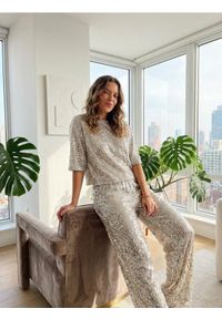 Sinsay - Cekinowe spodnie wide leg - srebrny. Kolor: srebrny #1