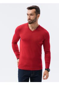 Ombre Clothing - Sweter męski z haftem E191 - czerwony - XXL. Kolor: czerwony. Materiał: materiał, nylon, dzianina, wiskoza. Wzór: haft. Styl: klasyczny, elegancki