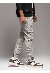 Ombre Clothing - Męskie jeansowe spodnie joggery z przetarciami i zamkami – szare V4. Kolor: szary. Materiał: jeans. Styl: retro, klasyczny, rockowy #6