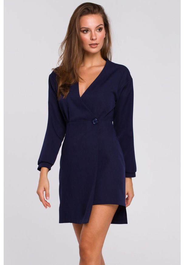 Sukienki.shop - Sukienka elegancka kopertowa asymetryczna mini granatowa. Kolor: niebieski. Typ sukienki: kopertowe, asymetryczne. Styl: elegancki. Długość: mini