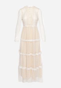 Born2be - Biała Rozkloszowana Sukienka Maxi z Przezroczystszego Tiulu Ozdobiona Koronką Lanessa. Kolor: biały. Materiał: tiul, koronka. Wzór: aplikacja, koronka. Długość: maxi #3