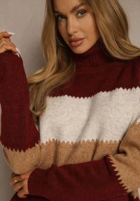 Renee - Bordowy Oversizowy Golf z Dodatkiem Kaszmiru w Szerokie Paski Nemeana. Typ kołnierza: golf. Kolor: czerwony. Materiał: kaszmir. Wzór: paski. Styl: elegancki #2