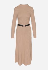 Born2be - Ciemnobeżowa Sukienka Dzianinowa z Domieszką Wełny i Ozdobnym Paskiem Nirisia. Okazja: na co dzień. Kolor: beżowy. Materiał: wełna, dzianina. Długość rękawa: długi rękaw. Typ sukienki: proste. Styl: casual, elegancki #3
