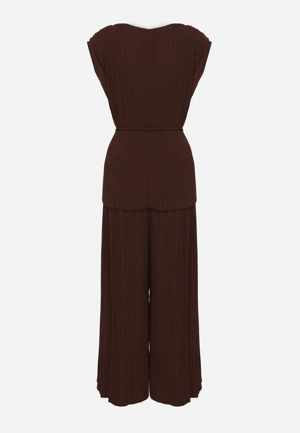 Born2be - Brązowy Komplet Bluzka z Wiązanym Paskiem i Szerokie Spodnie Dolarea. Kolor: brązowy. Wzór: aplikacja