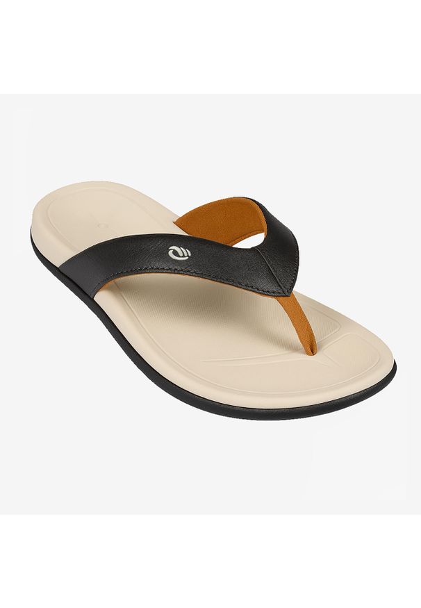 Japonki damskie Decathlon 950. Okazja: na plażę. Nosek buta: okrągły. Kolor: beżowy. Materiał: kauczuk, materiał. Wzór: paski. Styl: sportowy